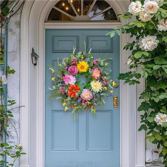 Spring Summer Wreaths for Front Door, Floral Door Wreath with Peony Dahlia Rose - Picture 6 of 7
